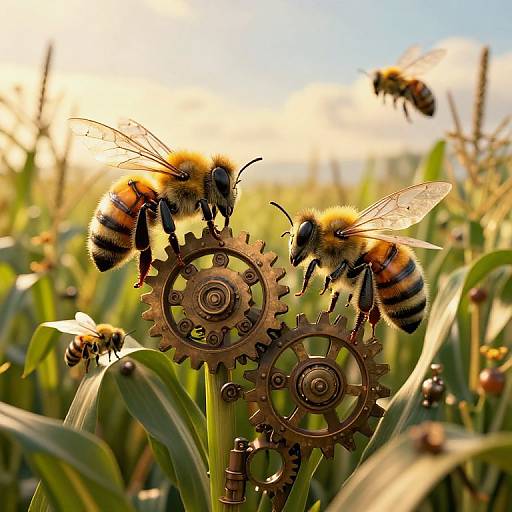 Steampunk Clockwork Bees in Cornfield