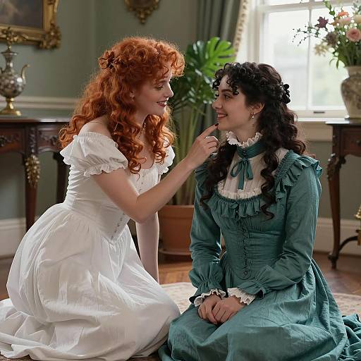 Two Women in Victorian Dresses in Elegant Room