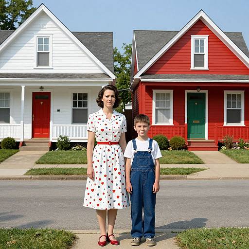 Photograph of a woman in a white polka dot dress and a boy in blue overalls standing in front of red and white houses. Bright daylight