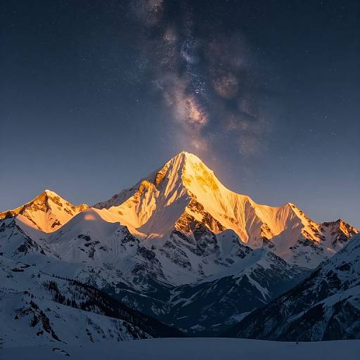 Photograph of a snow-capped mountain peak illuminated by golden sunset light, with the Milky Way visible in the dark blue night sky above.