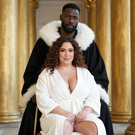 Photograph of a dark-skinned bearded man in a black robe with white fur trim standing behind a light-skinned woman with curly brown hair,
