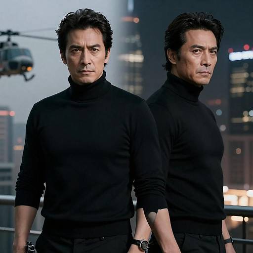 Middle-aged Man in Black Turtleneck with Gun and Cityscape Background