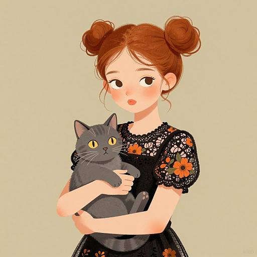 Girl Holding Gray Cat Illustration