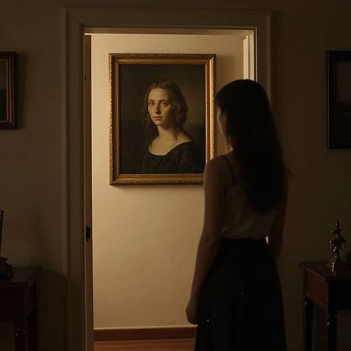 Photograph of a woman with long dark hair standing in a dimly lit room, gazing at a framed portrait of a serious-faced woman in a