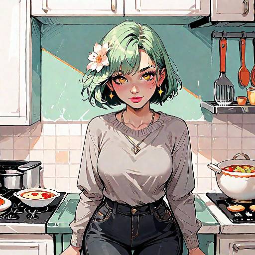 Digital anime-style drawing of a green-haired woman with a flower in her hair, wearing a white sweater and black high-waisted pants, standing in