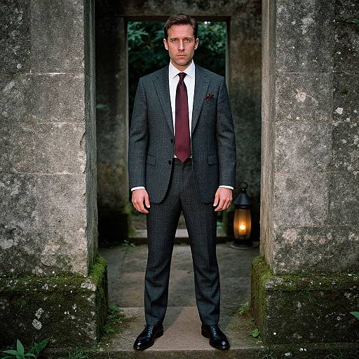 Photograph of a serious-looking man in a dark gray checkered suit, white shirt, and maroon tie, standing in a stone archway with