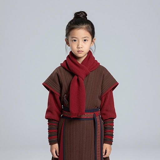 Young Girl in Traditional Brown and Red Costume