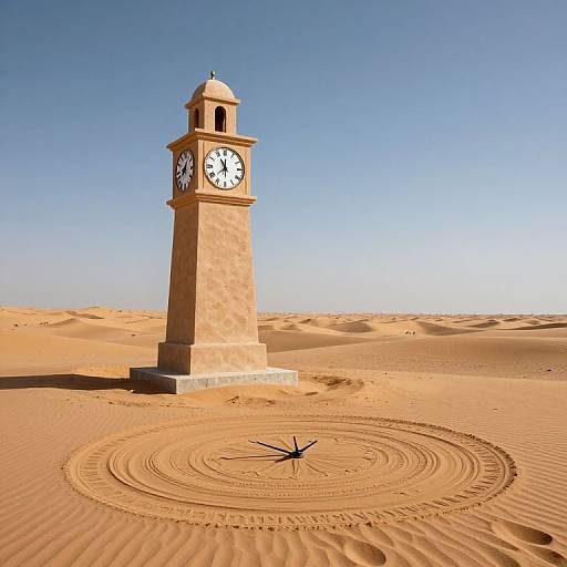 Photograph of a tall, beige clock tower with white clock faces, standing in a vast, sandy desert with clear blue sky, and a large circular