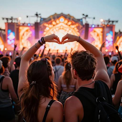 Photograph of a couple with their hands forming a heart shape, silhouetted against a vibrant, colorful concert stage at sunset.