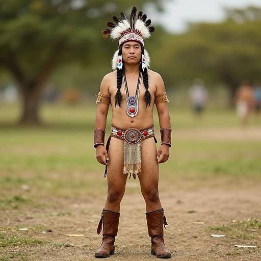 Photograph of a young Asian man in traditional Native American attire: feathered headband, arm bands, beaded loincloth, and brown boots
