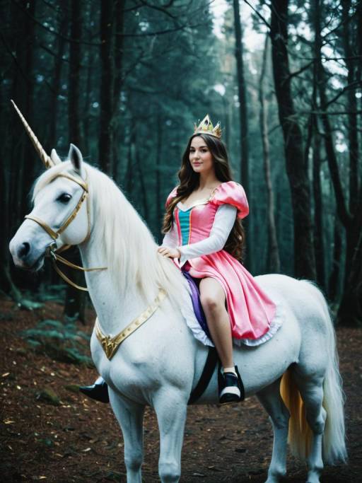 Woman in Princess Costume Riding Unicorn