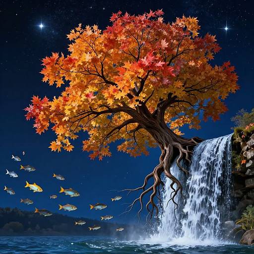 Vibrant digital artwork of a tree with fiery orange-red autumn leaves, cascading waterfall, starry night sky, and flying fish in a serene