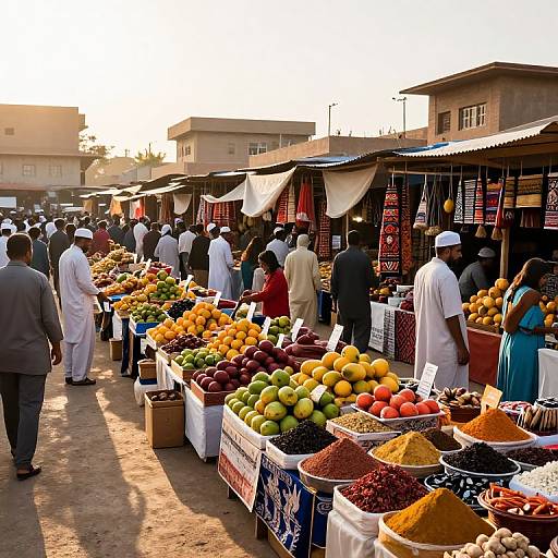 Photograph of bustling outdoor market with diverse crowd, colorful fruits and spices, vendors in white robes, sunlit streets, and shaded stalls.