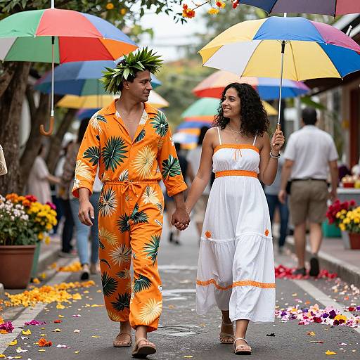 Photograph of a smiling couple walking on a flower-petal-covered street, the man in an orange floral jumpsuit with a leaf crown, the woman