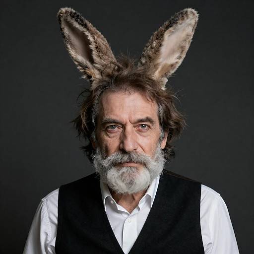 Whimsical Portrait of Elderly Man with Rabbit Ears