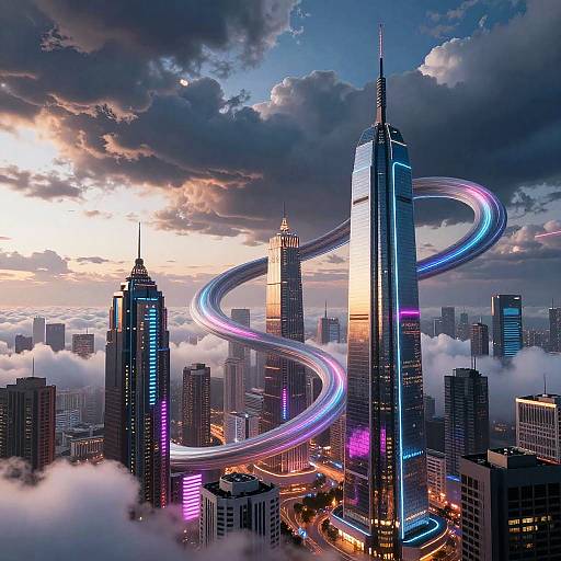 Neon Futuristic City with Moebius Clouds