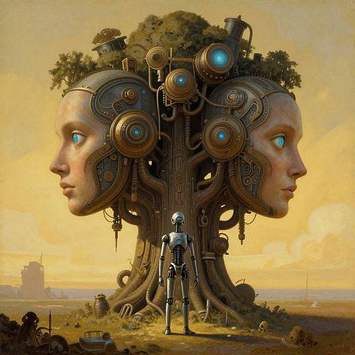 Digital artwork: Giant mechanical tree with two human-like faces, blue glowing eyes, and intricate gears, standing in a sunset-lit landscape, with a