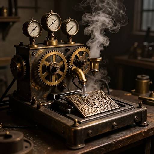 Steampunk-style mechanical engraving machine with brass gears, dials, and a smoking pipe, etching intricate patterns on a metal plate in a