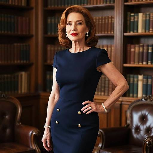 Photograph of a confident, middle-aged woman with red hair, wearing a navy blue, short-sleeve dress with gold buttons, standing in a