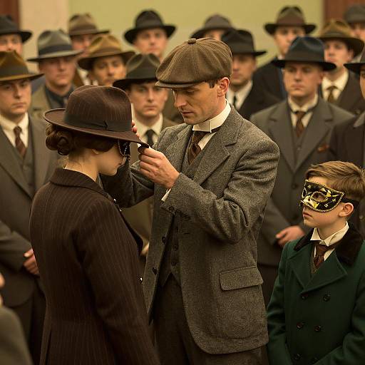 1920s Man Adjusting Woman's Hat at Masked Gathering