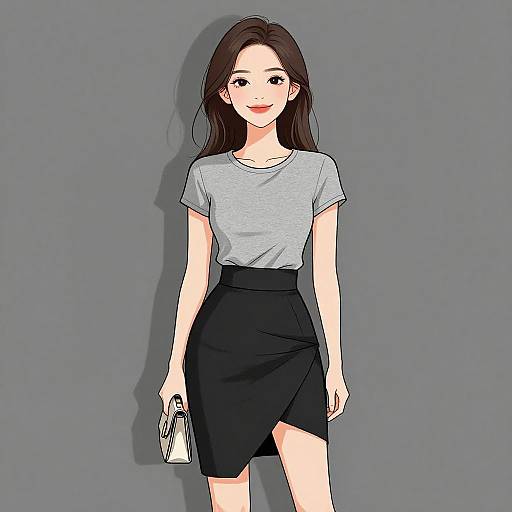 Digital anime-style illustration of a young woman with long brown hair, wearing a gray t-shirt and black skirt, holding a white handbag, standing against