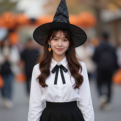 Photograph of an Asian woman with long brown hair, wearing a black witch hat, white blouse with black ribbon, and black skirt, smiling in a