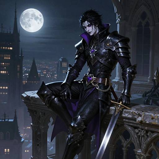 Digital artwork of a dark-haired, armored male warrior with glowing eyes, holding a sword, standing on a Gothic rooftop under a full moon. Cityscape