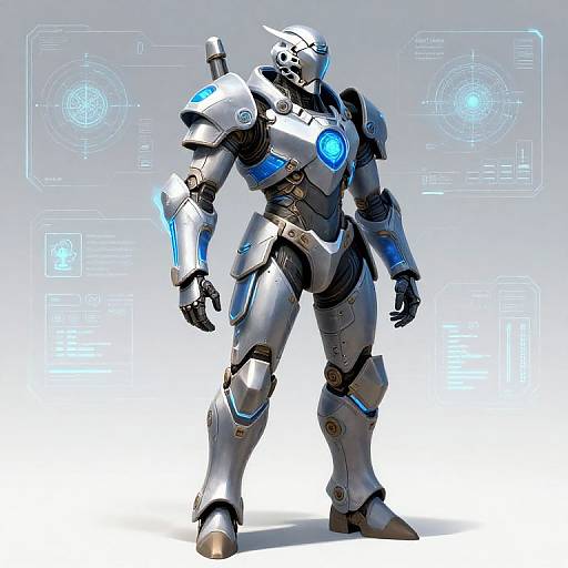 Digital artwork of a futuristic, silver and blue humanoid robot with glowing blue accents, standing against a white background with glowing blue technical diagrams.