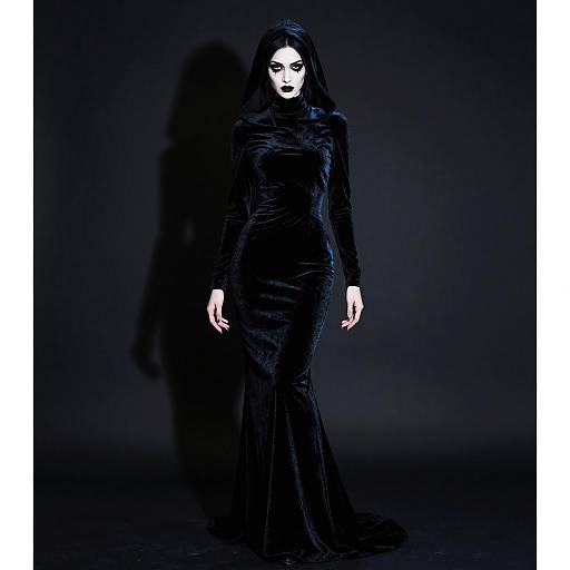 Gothic-style photograph of a pale woman with black hair, wearing a long, black velvet dress, standing against a dark background, illuminated with dramatic