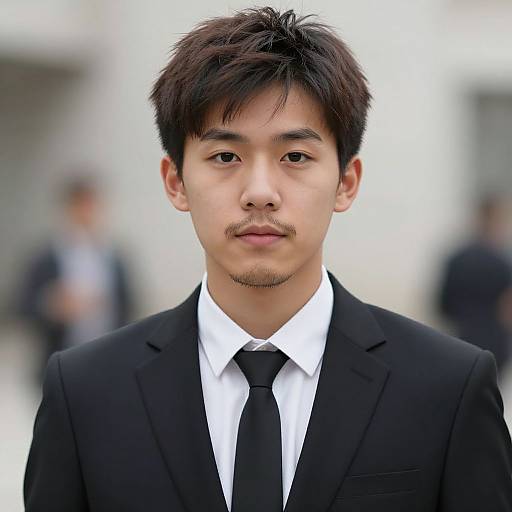 Photograph of an Asian man with short black hair and mustache, wearing a black suit, white shirt, and black tie, standing outdoors with a