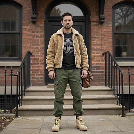 Photograph of a bearded man in a fluffy beige jacket, black graphic tee, olive pants, tan boots, holding a brown leather bag, standing