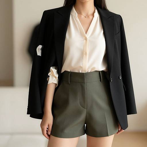 Photograph of a woman with long black hair, wearing a black blazer, white button-up shirt, and olive green high-waist shorts,