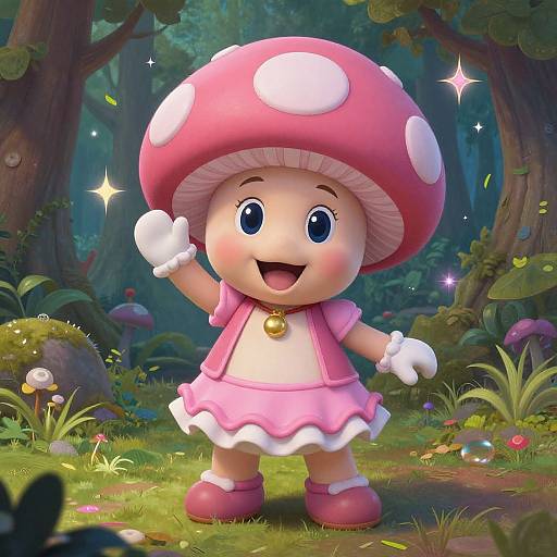 Digital art of a cute, smiling Toadette with a pink mushroom hat, pink dress, and white gloves, standing in a lush, magical forest