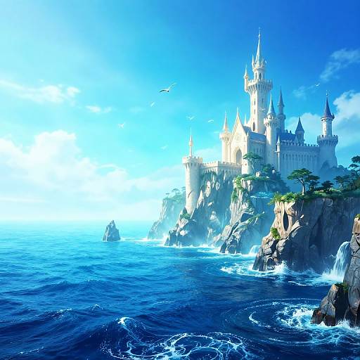 Digital fantasy artwork of a sunlit, majestic castle on a rocky cliff by vibrant blue ocean, with waves crashing below.