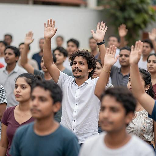 Sunlit Cheering Crowd with Curly-Haired Man