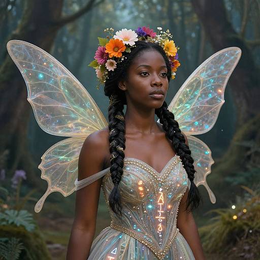 Photorealistic digital artwork of a dark-skinned, African woman with glowing fairy wings, braided hair, flower crown, and sparkly, off