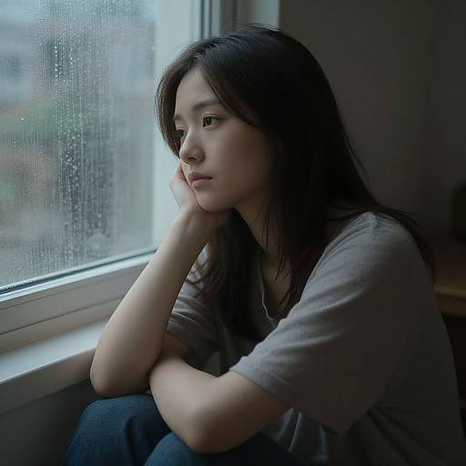 Photograph of a young Asian woman with long black hair, wearing a gray t-shirt, sitting by a rain-streaked window, lost in thought