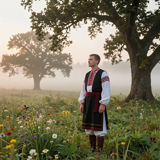 Photograph of a young man in traditional Eastern European folk attire, standing in a misty meadow with colorful wildflowers and large trees, gazing
