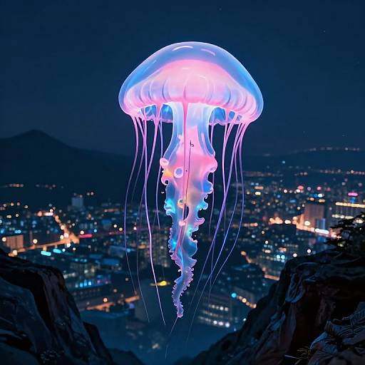 Photograph of a glowing, purple and pink jellyfish with translucent tentacles floating above a cityscape at night, illuminated by city lights and stars.