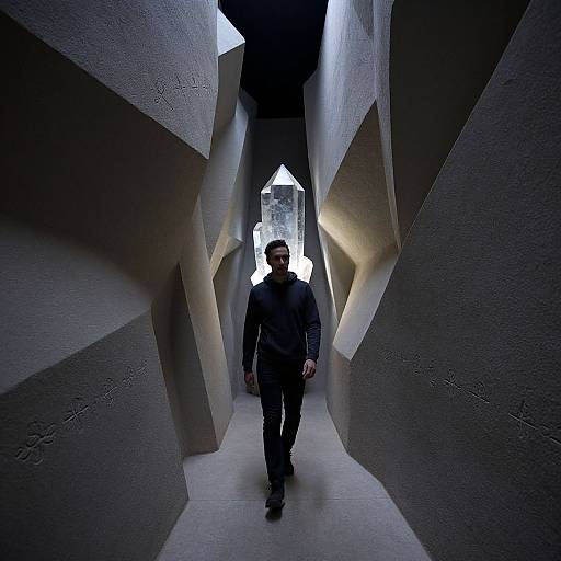 Photograph of a man in black clothing walking through a narrow, abstract, concrete tunnel with angular, illuminated walls.