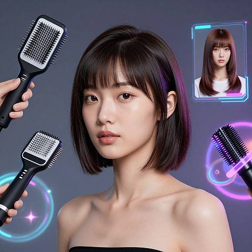 Digital portrait of an Asian woman with short black hair, holding two black hairbrushes, against a blue background with neon circles and a smaller inset image