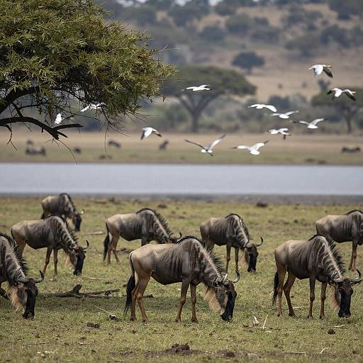 Lush Savanna Scene with Grazing Wildebeests