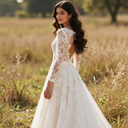 Photograph of a beautiful South Asian woman with long, wavy black hair, wearing a white lace wedding dress, standing in a sunlit, golden