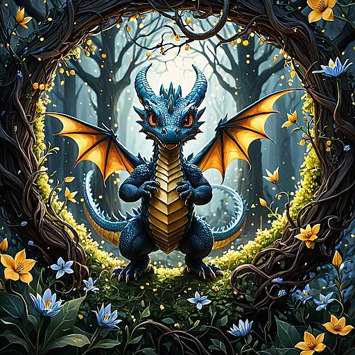 Cute Blue Dragon in Enchanted Forest