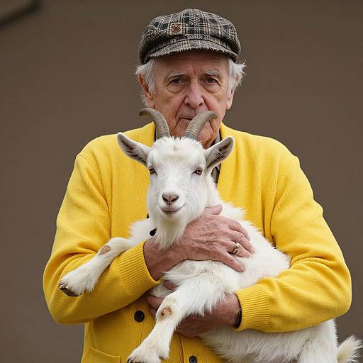 Elderly Man Embracing Mountain Goat