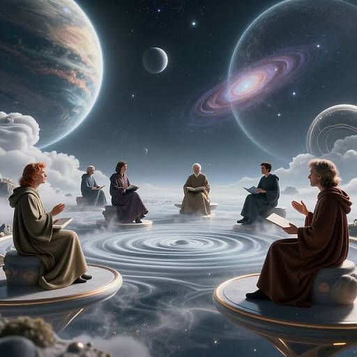 Digital artwork of six robed figures meditating on floating platforms in a cosmic setting, surrounded by planets, stars, and swirling light.