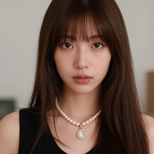 Photograph of an East Asian woman with long, straight brown hair, bangs, wearing a black sleeveless top and a pearl necklace with a te