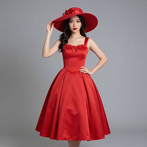 Photograph of an Asian woman with fair skin, wearing a bright red, vintage-style dress and wide-brimmed hat, standing against a gray background