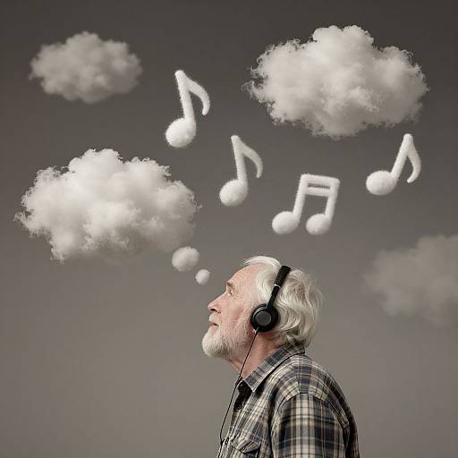 Photograph of an elderly white man with white hair, beard, and headphones, gazing upward at white, music-note-filled clouds on a gray background