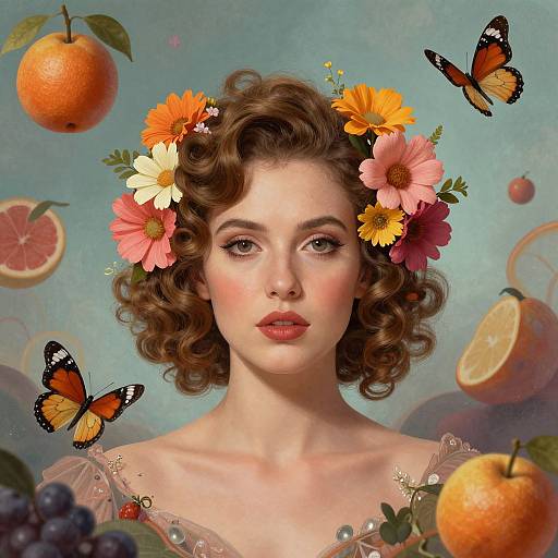 Digital artwork of a fair-skinned, curly-haired woman with red lips, adorned with colorful flowers and butterflies, surrounded by floating fruits.